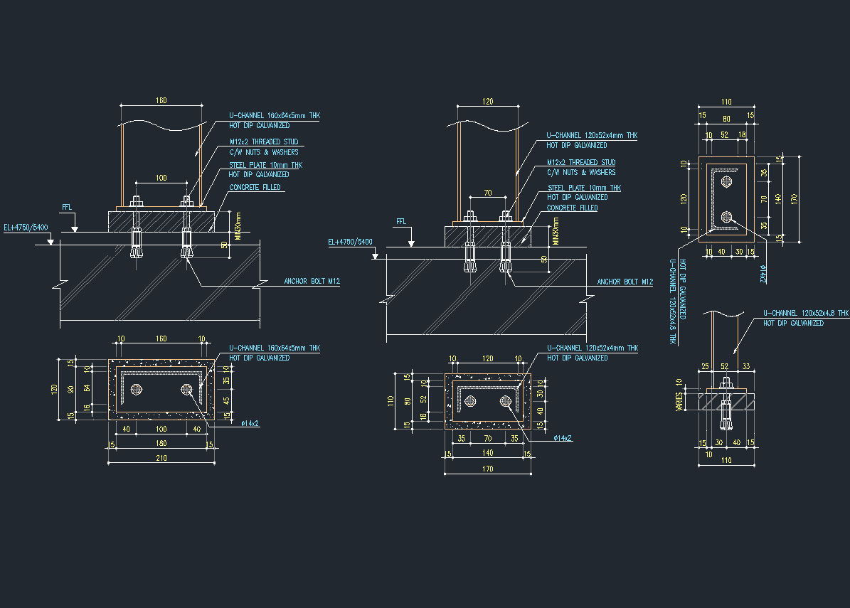 Floor Mounted Support DWG Drawing with Detailed