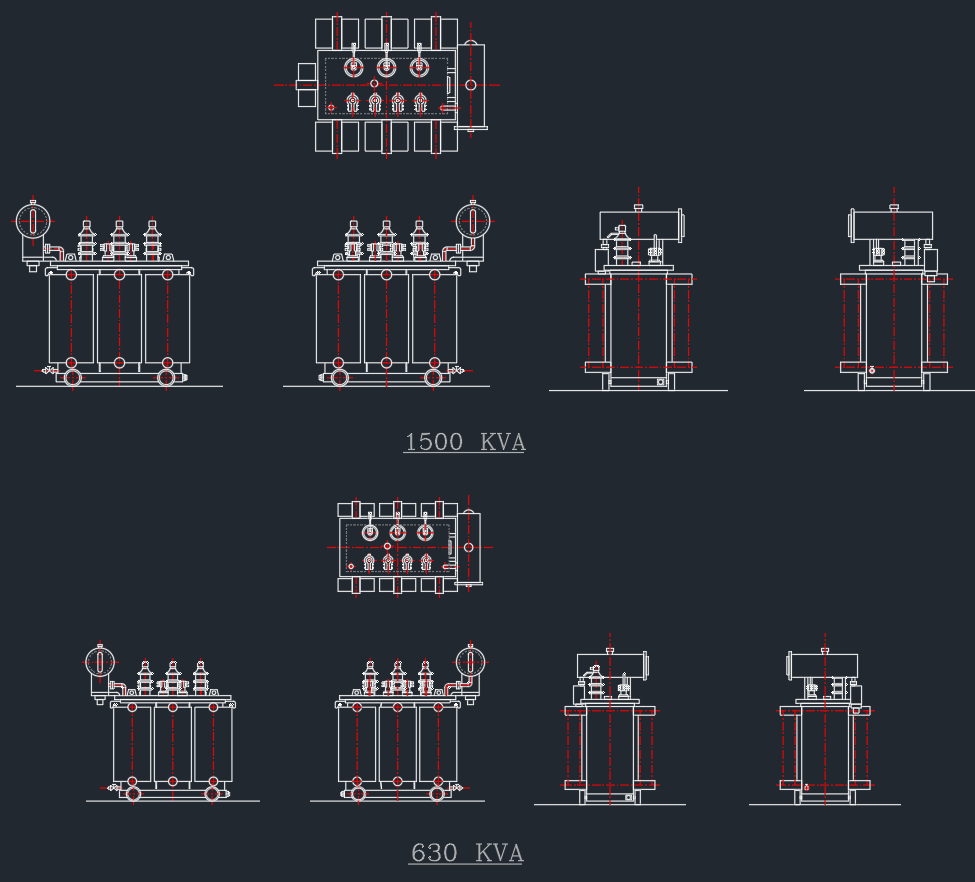 Power Transformer DWG Drawing Download with 1500 KVA and 630 KVA Views